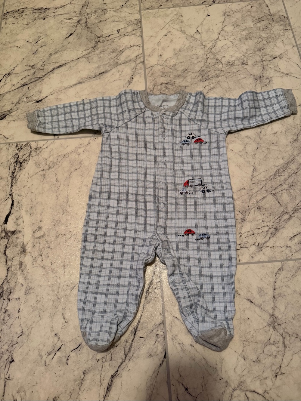 First Impressions Gray and Light Blue Plaid Footed One-Piece